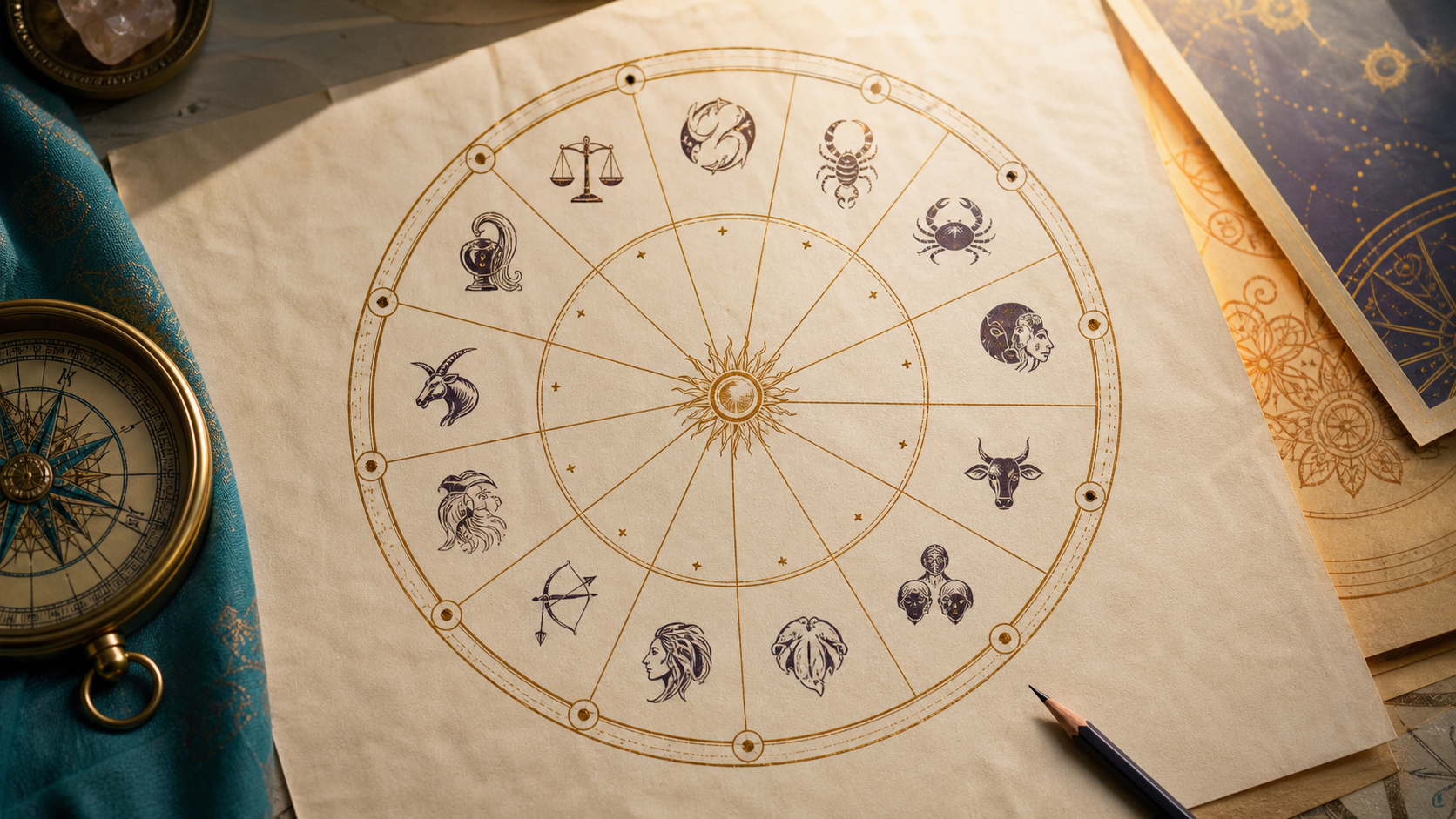 Twelve-section Vedic astrology house wheel on a study table