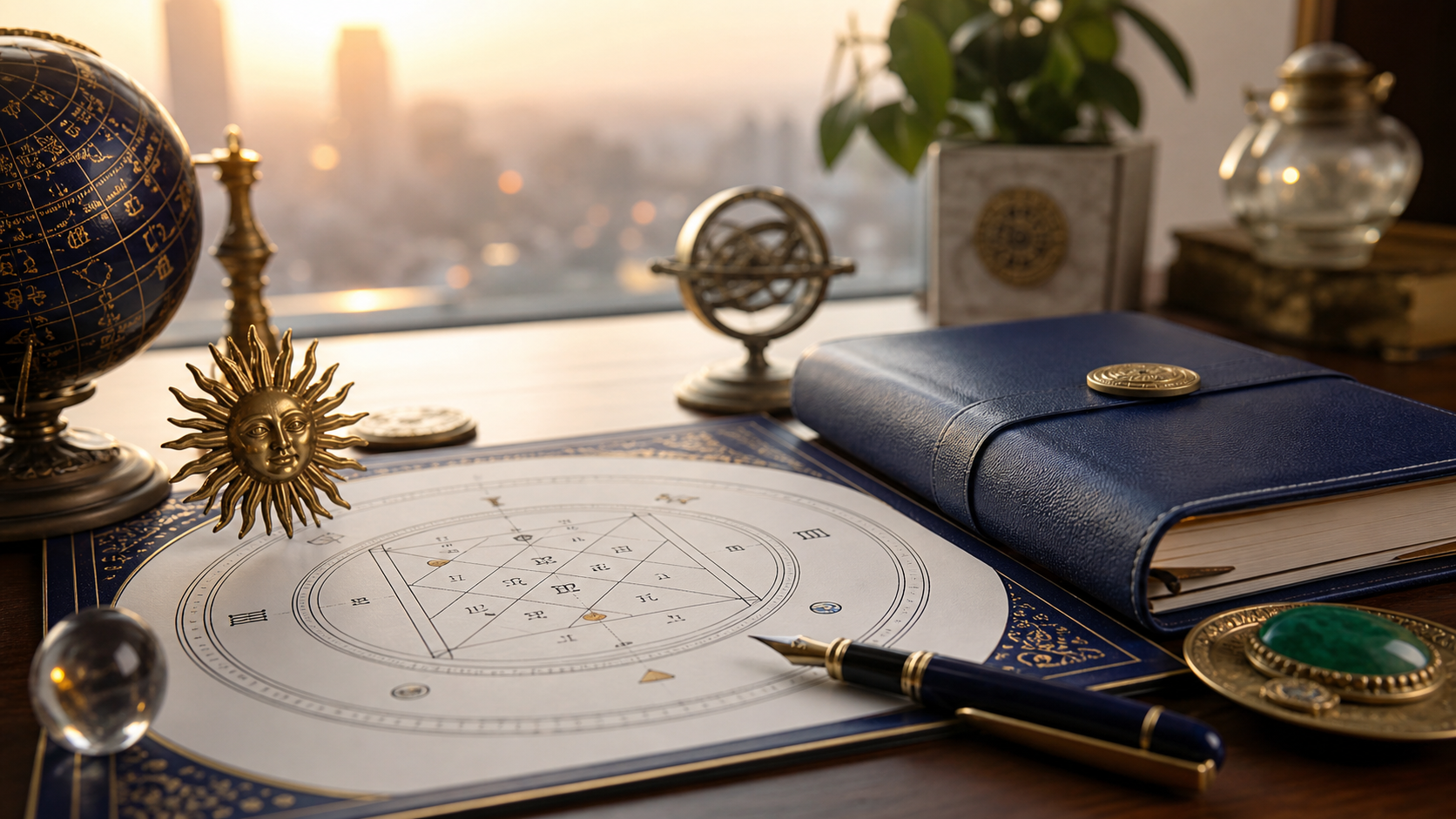 Vedic chart, planner, compass, and brass sun symbol for career guidance
