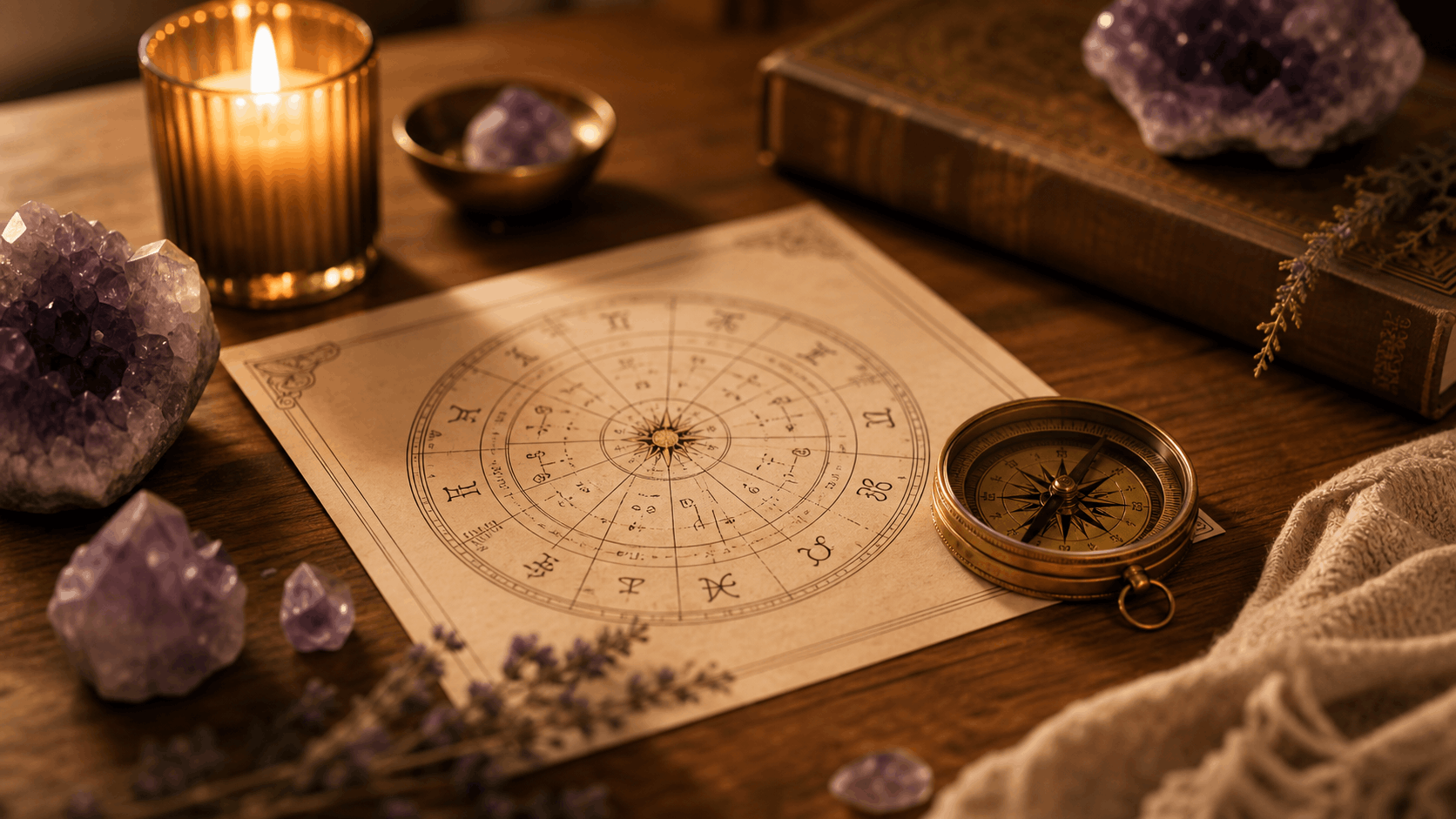 Two charts and ritual tools arranged for a compatibility reading